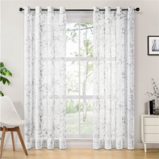BYSURE Gardine (2 St), Ösen, halbtransparent, Blumenmuster Leinen-Gardine