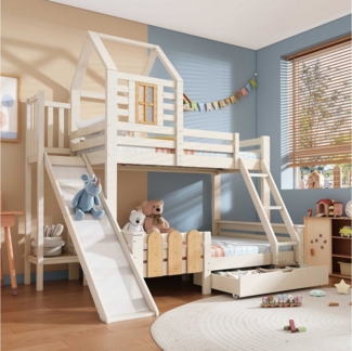BlingBin Etagenbett Hochbett (1-St, Hochbett 90/140x200 cm aus Massivholz+MDF), mit Rutsche, Schublade, Blockhütten-Design