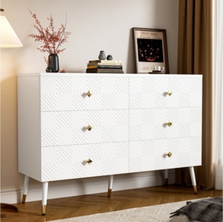 Flieks Kommode mit 6 Schubladen (B120/T40/H80 cm, 1 St, für Schlafzimmer & Wohnzimmer), Sideboard Stauraumschrank Schubladenschrank Holz Weiß, Breite 120 cm