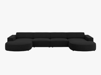 Micadoni 6-Sitzer Strukturierter Stoff Panorama Sofa rund Jodie | Bezug Schwarz | Beinfarbe Black Plastic