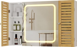MSMASK Spiegelschrank mit LED-Beleuchtung und Steckdose, Badezimmerschrank (1-St) mit 2 Bambustür & Verstellbarer Ablage, 90×16×60 cm