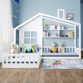 Weißes Hausbett Mit Regalen 90x200 Massivkiefer Bodenbett Sicherheitsseitenschienen 120kg Tragkraft Kinderzimmer Spielbett