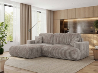 Ecksofa OVO mit schlaffunktion und bettkasten, Wellenfeder, lose Kissen, L-form 271x195 cm - Hellbraun Cord - linke Seite