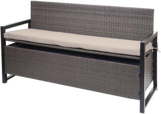 Poly-Rattan 3er Sitzbank HWC-F39, Gartenbank Truhenbank, Staufach Aufbewahrung Sitzkissen ~ grau-meliert, Kissen beige