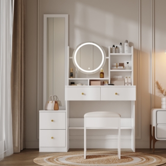 Merax 4-in-1 Schminktisch, Make-up Tisch,mit Ganzkörperspiegel und drehbarem Tischspiegel, Schminktisch Hocker, 3 Farben LED-Beleuchtung, Metallgriff, Weiß