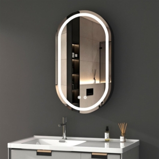 WDWRITTI Badezimmerspiegelschrank Oval Spiegelschrank Schwarz mit Beleuchtung Kalt/Warm/Neutral Licht (LED Badschrank hängend, Rund Bogen 40x70cm) Stahlblechregale, vormontiert geliefert, mit Netzadapter