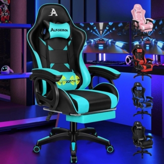 Gamingstuhl Bürostuhl 2-Punkt-Massage Fußstütze PU-Leder Cyan