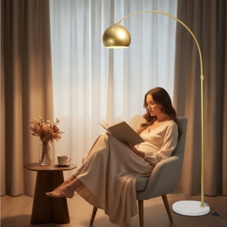 Qualra LED Bogenlampe 175 cm Moderne Stehlampe, Gold Metallschirm, Fernbedienung, LED fest integriert, 12W LED Lampe, 3000-6500K, mit Marmorsockel