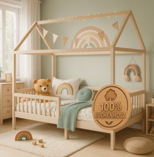 Alavya Home® Hausbett CLOUD aus Buche – FSC® 100% zertifiziert – BESTSELLER! (SET Kinderbett 80x160, inklusive Buchablage Rausfallschutz und Lattenrost), Hausbett 80x160 cm für Mädchen und Jungen aus Massiv Buchenholz