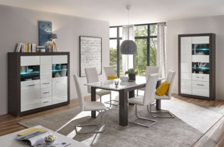 Etero Esszimmer Set 249cm dark concret weiß Hochglanz Highboard Vitrine