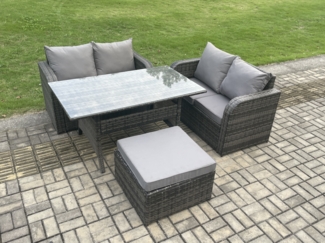 Fimous Terrassenmöbel Set Polyrattan Langer rechteckiger Esstisch und Loveseat Sofa set mit Großer Fußhocker Dunkelgrau gemischt