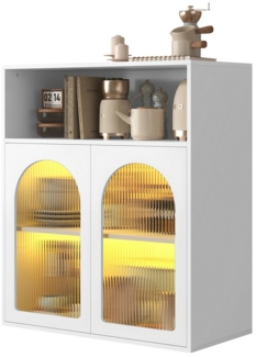 MODFU Sideboard mit 2 Türen und 1 offene Fach (unabhängiger Holzschrank, Aufbewahrungsschrank, 1 St, geeignet für die Küche, Wohnzimmer), mit Glastür und LED-Licht, 70 x 35 x 90 cm
