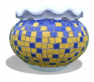 Pflanzgefäß Dahlie– Quadratischen Mosaikdesign Gelb – Höhe 32 cm – Ø 35 cm – Handgefertigt aus Beton & Keramik-Mosaik