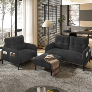 LVHOM Cord 3er-Set 2-Sitzer+Sessel+Hocker, Flexibel für Wohnzimmer Ecksofa mit Seitentaschen, Sitzgruppe Grau