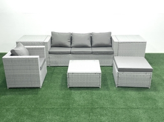 Fimous Gartenmöbel-Set 5-Sitzer Polyrattan Sofa Set mit 2 Großer Hockern Sessel 2 Beistelltischen Hellgrau gemischt
