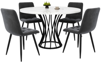 MODFU Essgruppe Esstisch mit 4 Stühlen, (Modernes Esstisch-Set (5-teilig) – Runder Küchentisch 80 cm, mit schwarzem Metallrahmen, weiß marmorierter Tischplatte – verstellbare Tischbeine, 5-tlg)