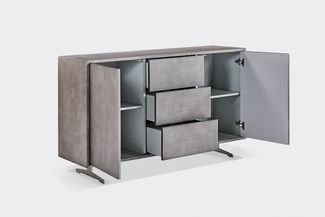 KAWOLA Sideboard GALA 2 Türen 3 Schubladen Kunstleder grau Fuß Edelstahl gebürstet 85 x 40 x 140 cm