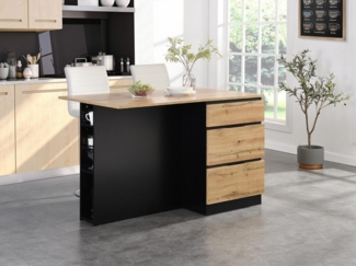 Vente-unique - Kücheninsel mit 6 Schubladen & 4 Ablagefächern aus MDF - Holzfarben hell & Schwarz - POMARELA