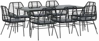 vidaXL 9-tlg. Garten-Essgruppe mit Kissen Schwarz Poly Rattan Glas 3334456