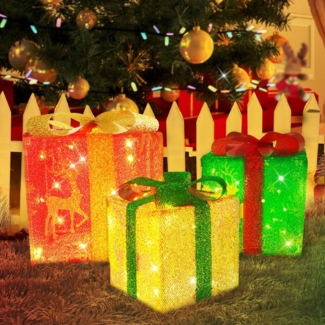 ZMH LED Geschenkbox Weihnachten Deko: 3er Set Personalisierte Geschenke mit Fernbedienung Innen Weihnachtselch Winterdeko 50 LEDs Beleuchtung Batterie unter Weihnachtsbaum für Wohnzimmer Garten