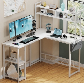 Furnicopia Eckschreibtisch 140 * 120cm Schreibtisch mit LED und USB L-förmiger Computertisch (Mit großem Ablagefach, USB-Ladeanschluss und Steckdose)