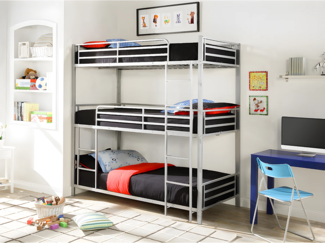 Vente-unique - Etagenbett mit Matratze - 3 Personen - 3 x 90 x 190 cm - Metall - Silberfarben - ELOUAN III