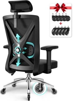 Adormii Bürostuhl Ergonomischer Bürostuhl,Bürostuhl mit Weiches-3D-Lendenkissen (Drehstuhl 360°mit Metallbasis,Verstellbarer Kopfstütze, Verstellbare- Armlehne und verstellbarer Lendenwirbelstütze,Computerstuhl, Wippfunktion bis 135), Gummirollen,Höhen...