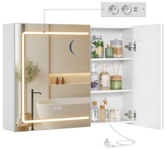 VASAGLE Wandschrank mit Spiegel und LED-Beleuchtung, Badschrank mit Steckdosenleiste, Entfogging-Funktion, Vergrößerungsspiegel, weiß BBKDE134W01