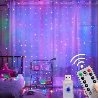 Senmudi LED-Lichtervorhang Lichtervorhang,3x3m Lichterketten Vorhang Lichterkettenvorhang 8 Modi, LED Taschenlampe Aufladbar,5 Lichtmodi und Wasserdicht,Zoombar