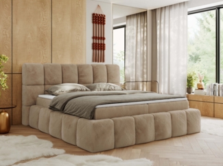 Boxspringbett mit dekorativem Kopfteil, Doppelbett mit zwei 7 Härtezonen Multipocket-Matratzen, Bettkästen, Polsterbett - NIRA - 200 x 200 cm - Beige Stoff - H4
