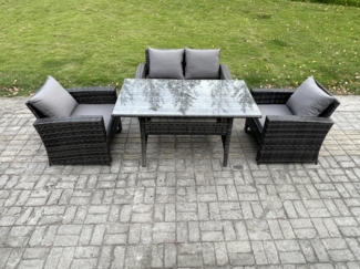 Fimous Polyrattan Gartenmöbel Set Terrassenmöbel Set mit Rattan Rechteckiger Esstisch Lounge Sofa Dunkelgrau gemischt