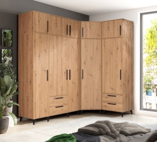 Marmex Möbel Arti SET 1 Hochschrankset, Schrankset mit Flügeltüren, Garderobenschrank mit Einlegeböden und Kleiderstangen, Eckschrank, laminierte Spanplatte, artisan Eiche, 241,9/155,1x239,5x53,6 cm