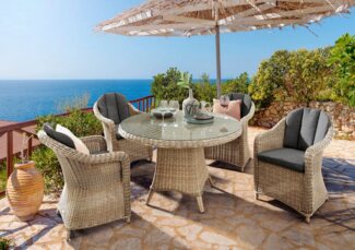 Destiny Garten-Essgruppe MALAGA LUNA, (13-tlg, 4x Sessel, 1x Tisch, inkl. Auflagen), Aluminium, Polyrattan