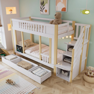 Etagenbett mit 2 Liegeflächen, Schubladen und Rausfallschutz, 90x200cm, Kinderbett, Treppe mit Stauraum, Kiefer