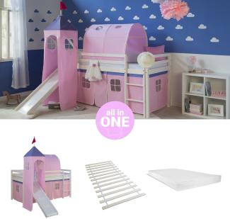 Hochbett mit Matratze 90x200 cm Turm Tunnel Rutsche Stockbett Kinderbett Leiter Holz Kiefer Vorhang rosa Lattenrost Spielbett