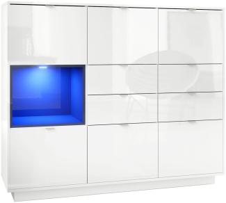 Highboard Sideboard Metro V2, Korpus in Weiß Hochglanz / Fronten in Weiß Hochglanz mit Einsatz in Schwarz Hochglanz, inkl. LED Beleuchtung
