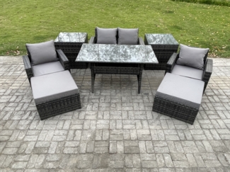 Fimous Outdoor Gartenmöbel Set Rattan Rechteckiger Esstisch mit Doppelsitzsofa Sesseln 2 Großer Hockern 2 Beistelltischen 6 Sitzer Dunkelgrau gemischt