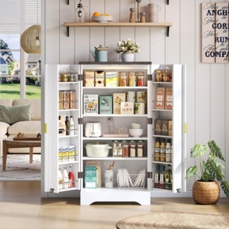 REDOM Sideboard Modernes Küchenschrank (Weißer Mehrzweck-Küchenschrank 60×35×128 cm mit LED-Sensorleuchte, höhenverstellbaren Regalen & Kippschutz, 1 St)