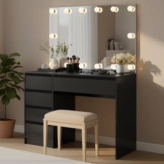 Bellamio 'Nore' Schreibtisch mit 5 Schubladen, beidseitig montierbar, schwarz, 75x53x110 cm, inkl. Spiegel mit 14 LED-Glühbirnen, weiß, 110x70 cm