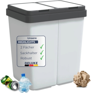DELUKE® Mülleimer 2 Fächer Küche - 2x25L Trenneimer, Mit Müllsackhalter | Abfalleimer mit Deckel Büro Doppel-Müllbehälter Kücheneimer 50L, Weiß