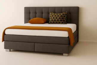 A&J MöbelLand Boxspringbett VERONA 140x200 cm mit zwei 7-Zonen-Taschenfederkernmatratzen und gepolstertem Kopfteil. Farbe: Dunkelgrau