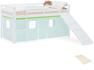 Hochbett Kinder 90x200 cm mit Lattenrost Rutsche Kinderbett Stockbett Vorhang Grün Leiter Holz Massiv