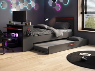 Vente-unique - Ausziehbett Gamer mit Schreibtisch & LEDs + Lattenrost - 2 x 90 x 200 cm - Anthrazit & Rot - VOUANI