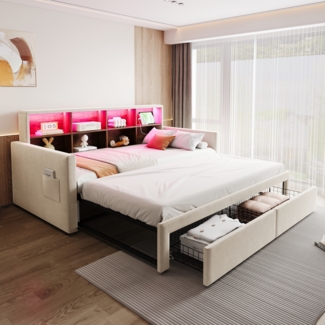 Ausziehbares Polsterbett Schlafsofa, Kopfteil mit integrierten Staufächern LED-Lichtleiste Ladesteckdosen zwei Schubladen und Lattenrost, Samtstoff, Beige, 90x190 cm / 180x190 cm