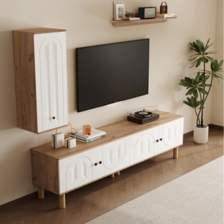 STILVORA Wohnzimmer-Set mit Highboard,Schränke&Wandboard,Wohnwand 3er-Set,Wandmöbel Weiß+Natur, (Wohnwand, TV-Wandkombination, 3-St, Highboard:40*35*100cm,Lowboard:17*40*50cm,Wandboard:120*25**15cm), Weiße und hölzerne, geschnitzte Türpaneele