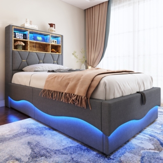 Merax Polsterbett, Kinderbett 90×200 cm mit hydraulischem Stauraum, APP-gesteuertes, LED-Lichtband, USB-Ladeanschluss, Leinenpolsterung, Grau