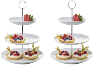 Home4You Etagere Servier-Ständer, 2er Set, H 37 cm, Weiß, 3 Etagen, Porzellan, Ø 26 cm, für Obst, Süßigkeiten, Kuchen, Desserts