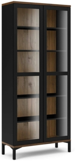 Dmora Vitrine Hudhud, Glas-Sideboard, Mehrzweckvitrine, Hängendes Bücherregal mit Glastüren, 89x36 h203 cm, Schwarz und Walnuss