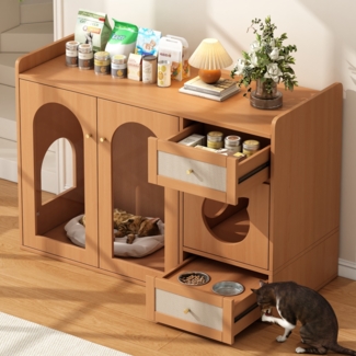 Katzenmöbel mit verstecktem Katzenklo, Katzenbett, Futterstation und Aufbewahrung,Katzenklo-Schrank mit Sideboard-Design