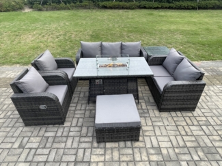 Fimous Polyrattan Gartenmöbelset Gasfeuerstelle Esstisch und Sofa Sessel set mit Beistelltisch 2 Großer Hockern